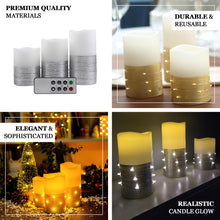 Set of 3 | Silver Flameless Candles With LED String Light | Battery Operated LED Pillar Candle Lights with Remote Timer - 4"|5"|6"