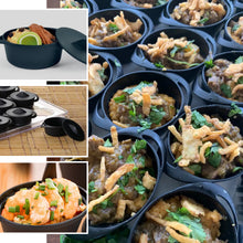 6 Pack 3oz Black Mini Plastic Cooking Pot Bowls, Disposable Dessert & Appetizer Bowls with Lid and Handles