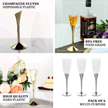 6 Pack 5oz Silver Plastic Champagne Flutes, Disposable Glasses, Colored Detachable Base