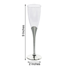 6 Pack 5oz Silver Plastic Champagne Flutes, Disposable Glasses, Colored Detachable Base