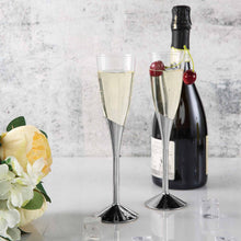 6 Pack 5oz Silver Plastic Champagne Flutes, Disposable Glasses, Colored Detachable Base