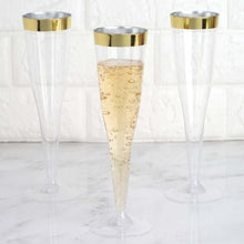 12 Pack 6oz Gold Rimmed Plastic Champagne Glasses Disposable Flutes - Hollow Stem Detachable Base