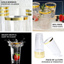 12 Pack 18oz Gold Rimmed Clear Cocktail Disposable Plastic Glasses