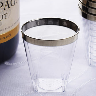 12 Pack 2oz Silver Rimmed Plastic Disposable Shot Glasses