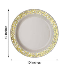 10 Pack - 10" Elegant Royal Ivory Plastic Disposable Dinner Plates Round with Gold Lace Design Rim
