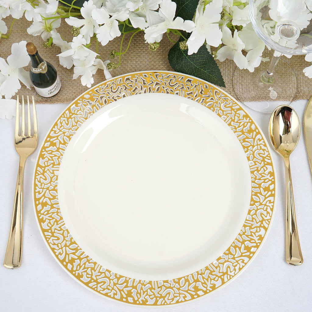 10 Pack 10" Ivory Disposable Round Dinner Plates With Gold Lace Design Rim 