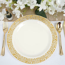 10 Pack - 10" Elegant Royal Ivory Plastic Disposable Dinner Plates Round with Gold Lace Design Rim