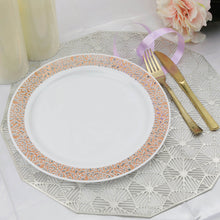 10 Pack - 10" Elegant Royal White Plastic Disposable Dinner Plates Round with Rose Gold Lace Design Rim
