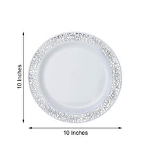 10 Pack - 10" Elegant Royal White Plastic Disposable Dinner Plates Round with Silver Lace Design Rim