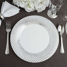 10 Pack - 9inch Silver Swirl Rim White Plastic Disposable Dinner Plates - Round