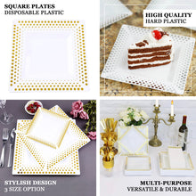 10 Pack - 7inch White Square Plastic Disposable Salad Dessert Plates With Gold Polka Dot Rim