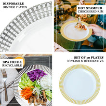 White Plastic Disposable Salad Dessert Appetizer Plates, Round With Gold Hot Stamped Checkered Rim