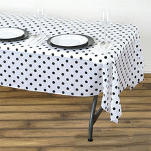 54" x 108" 10 Mil Thick Perky Polka Dots Waterproof Tablecloth PVC Rectangle Disposable Tablecloth - White/Black