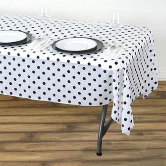 54" x 108" 10 Mil Thick Perky Polka Dots Waterproof Tablecloth PVC Rectangle Disposable Tablecloth - White/Black