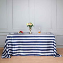 90"x132" | Stripe Satin Rectangle Tablecloth | Navy Blue & White | Seamless