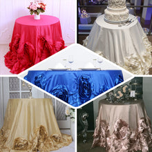 132" White/Pink Large Rosette Round Lamour Satin Tablecloth