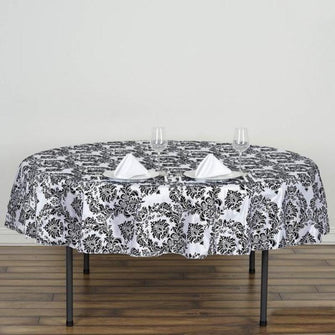 90" Round Flocking Damask Tablecloth - Black