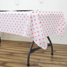 54" x 72" 10 Mil Thick Perky Polka Dots Waterproof Tablecloth PVC Rectangle Disposable Tablecloth - White/Pink
