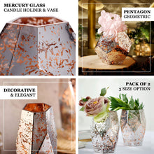 2 Pack - 8inch Pentagon Geometric Vases - Mercury Glass Candle Holders - Silver - Rose Gold