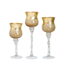 Set of 3 | Hurricane Long Stem Gold Foil Crackle Glass Vases Candle Holder Set - 16"/14"/12"#whtbkgd