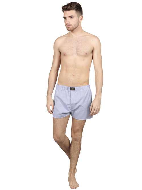 Model wearing striped cotton boxers in mauve