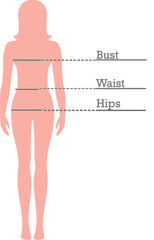 Silhouette of a woman showing where to measure bust, waist, and hips