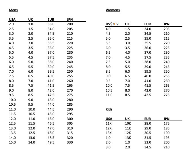 Unparallel Shoe Sizing Guide - Rock+Run