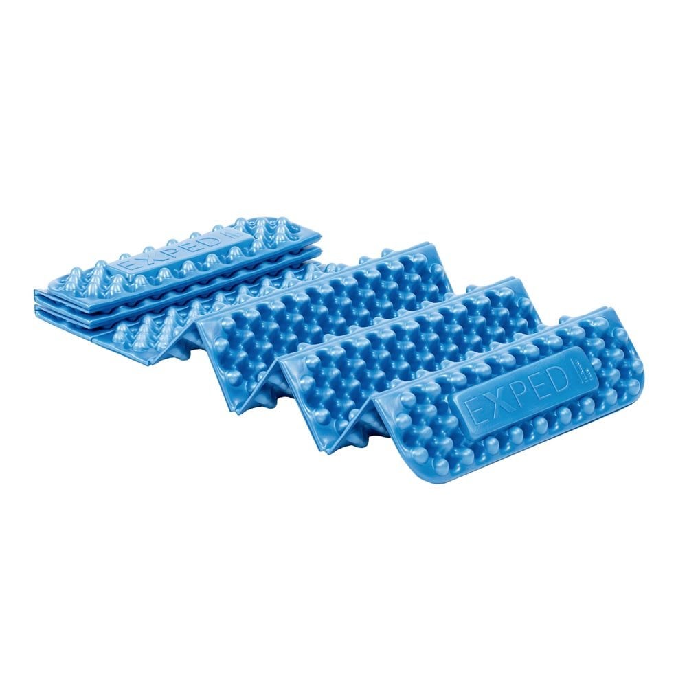 Exped FlexMat Plus sleeping mat in blue colour shown extended laid flat