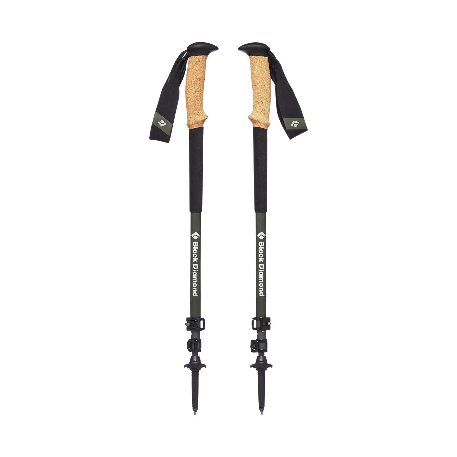Pair of Black Diamond Alpine Carbon Cork poles, shown fully extended and stood upright 