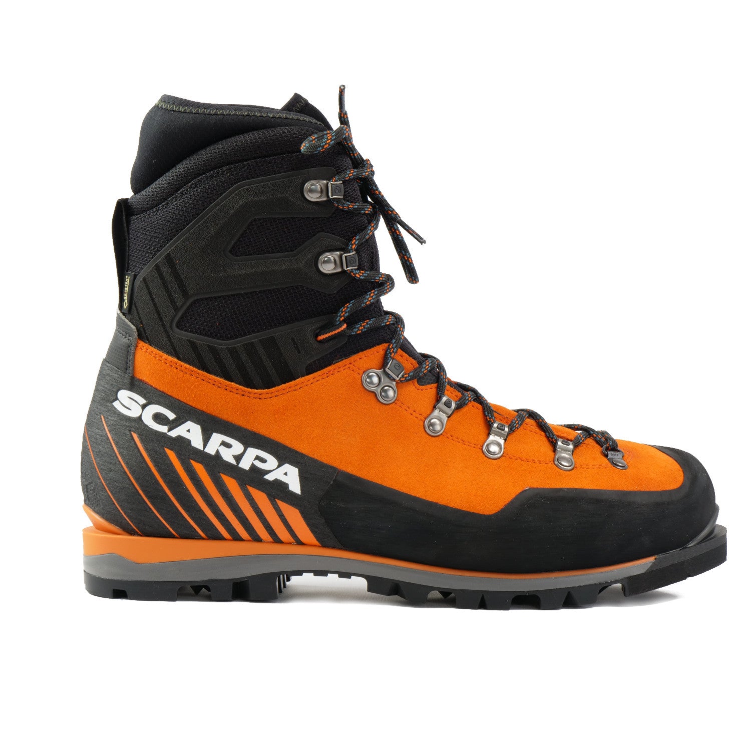 Side view of the Scarpa Mont Blanc Pro GTX with orange Perwanger outer and black rubber and flexible sock and large scarpa logo in white