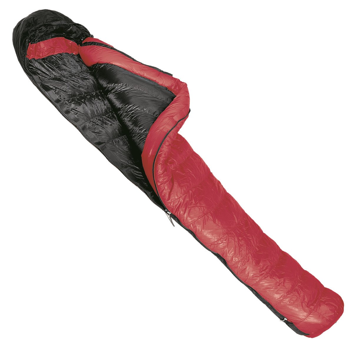 Western Mountaineering Summerlite down sleeping bag, shown partially open in red with a black lining