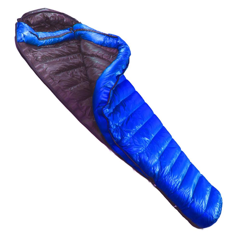 Western Mountaineering Ultralite down sleeping bag, shown partially open in blue with black lining