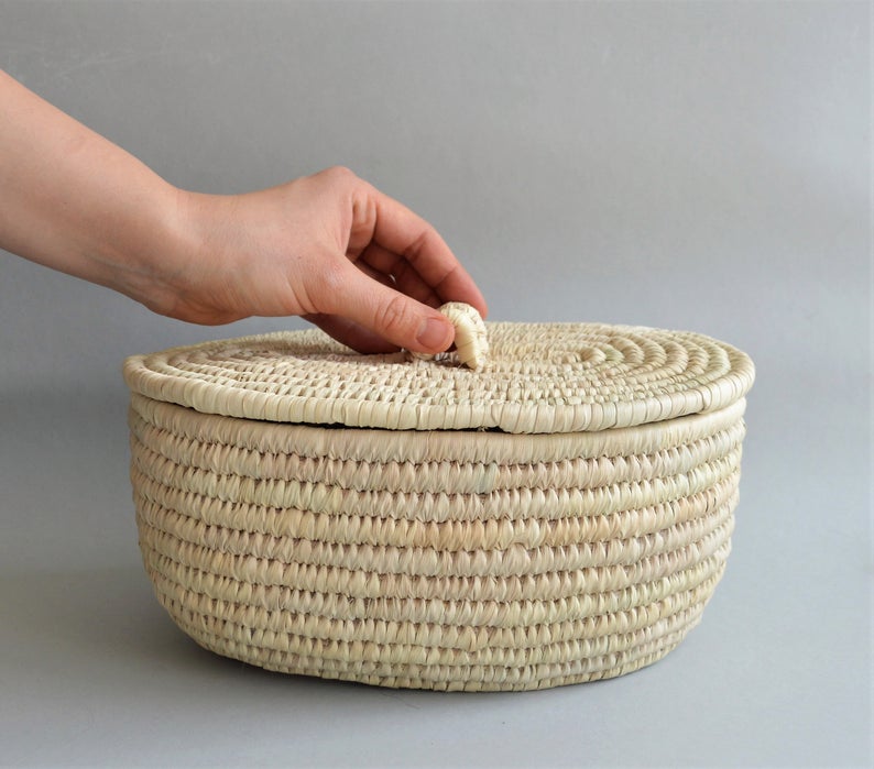 White Woven wicker basket with a fitted lid for all storage – Omar Handmade