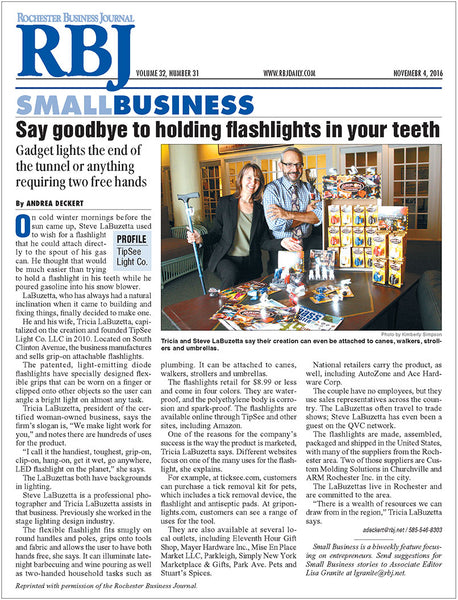 TipSee Light Company article in Rochester Business Journal’s SMALL BUSINESS, a biweekly feature focusing on entrepreneurs