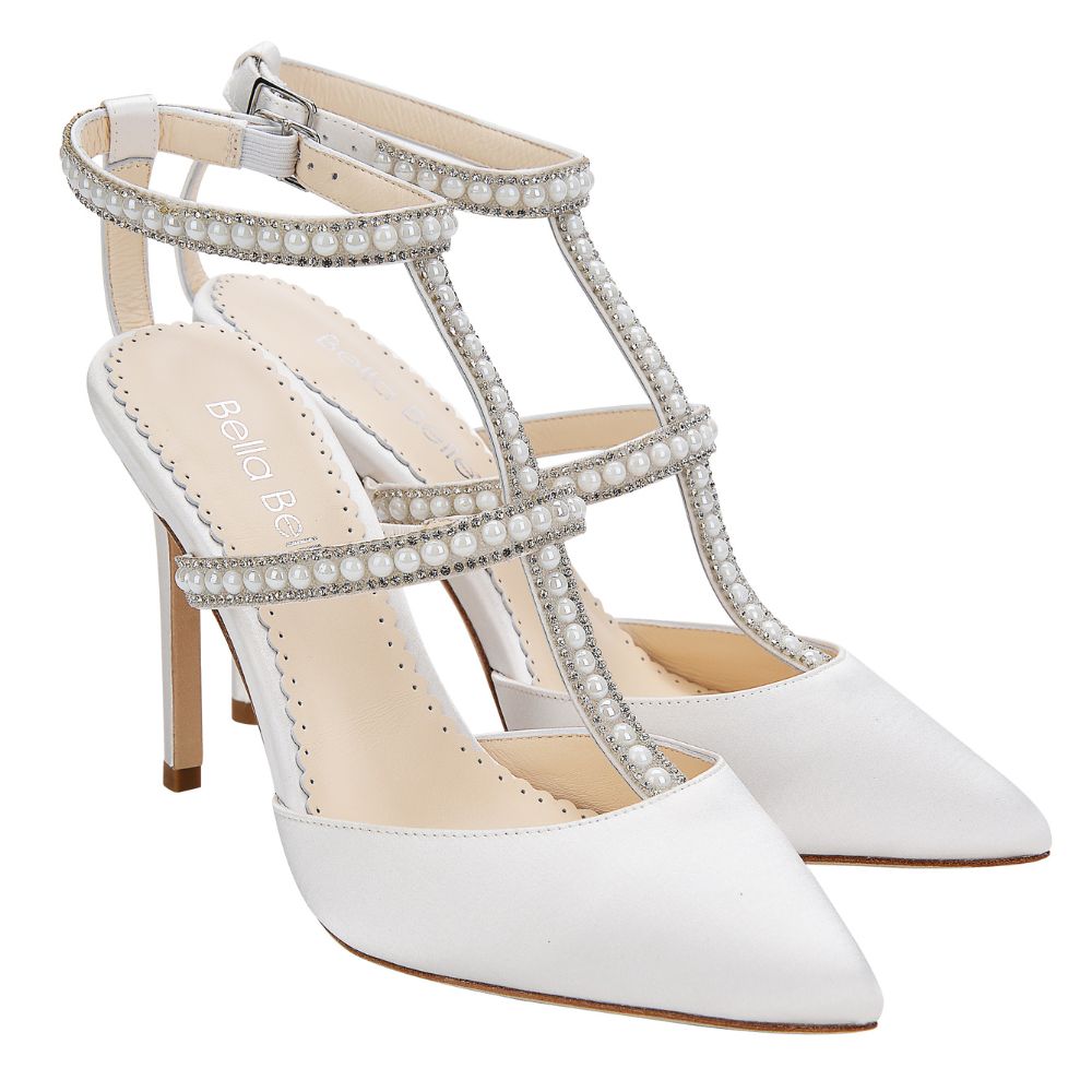 Mujer joven Jirafa Arriesgado Carolina Ivory Wedding Shoes with Pearls T Strap Heels