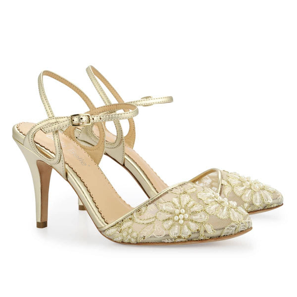 gold evening shoes low heel