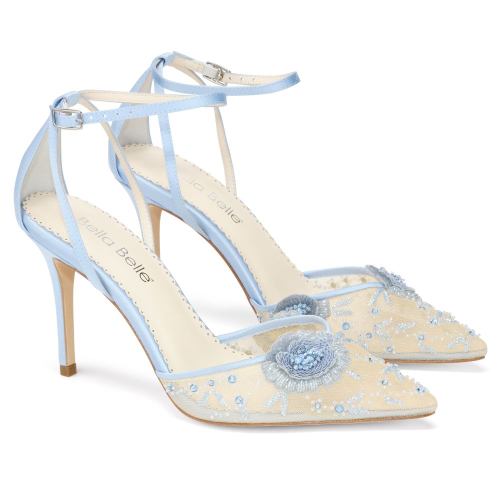 Pub Upset Straight Floral Blue High Heels with Ankle Straps and Crystals