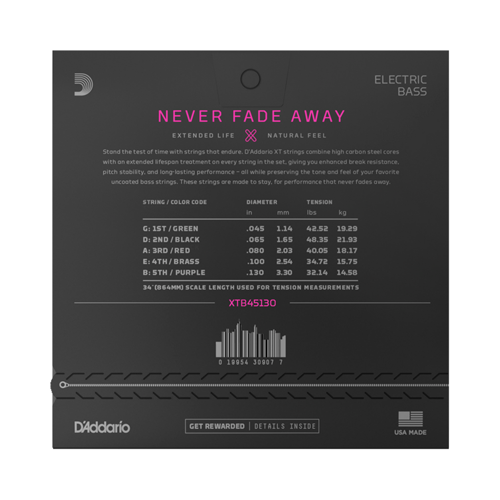 Back of packaging for D'Addario XT electric bass strings. Shows gauges 45, 65, 80, 100, 130. The packaging says 'Never Fade Away.''