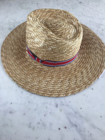 Sample - Paper Straw Panama Hat with Red, Blue, and Gray Ribbon