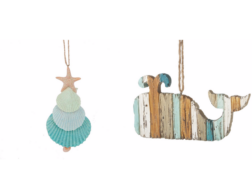 whale ornament and seashell tree