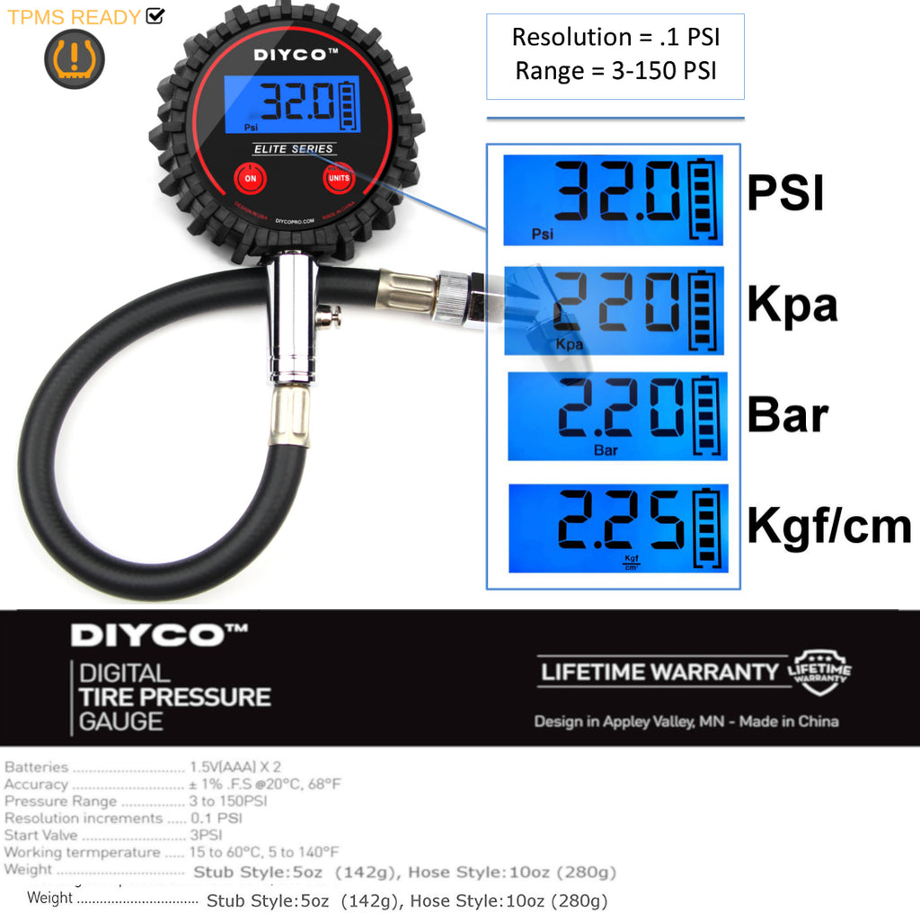 Designed in USA 200 PSI Heavy Duty Dual Head Interchangeable Air Chuck DIYCO Model D5 Great for Rv Truck SUV Cars Motorcycle TPMS Bike Digital Tire Pressure Gauge for Truck RV Dually Tires 