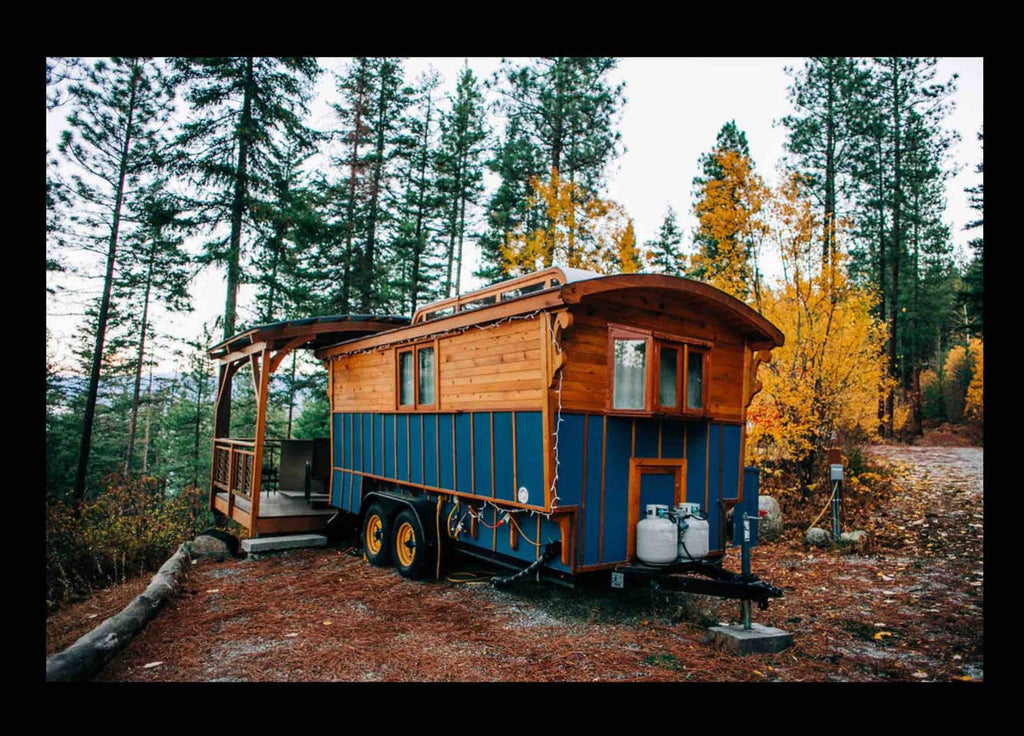 Blue Gypsy Wagon Tiny Home on Wheels for rent on Airbnb in Leavenworth, Washington