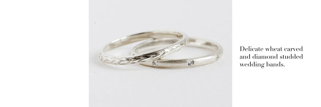 Delicate wheat carved and diamond studded wedding rings