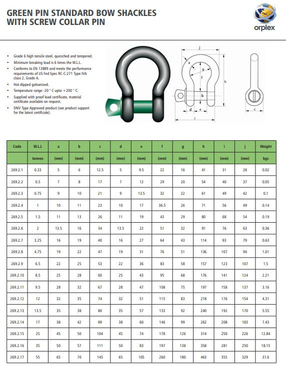 Green Pin Standard Bow Shackles with Screw Collar Pin