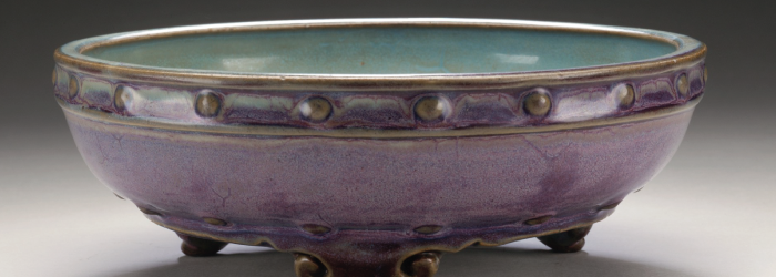 Jun ware displayed at LACMA. Note "worm track" texture in purple, and contrast between interior and exterior glaze.
