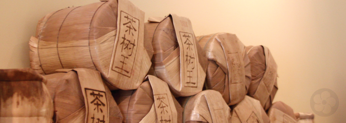 sheng puerh tea cakes are wrapped in bamboo leaves for storage