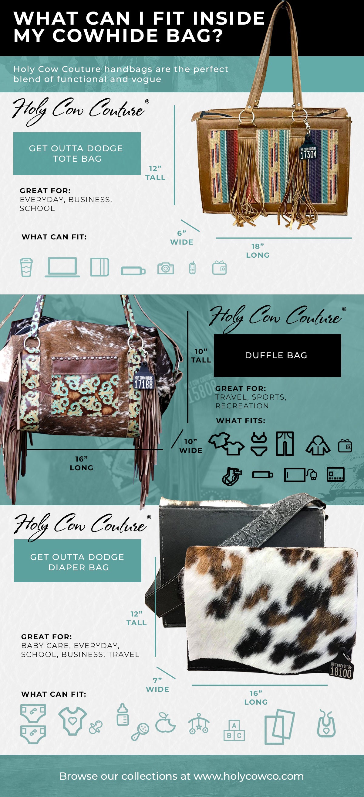what can fit in cowhide bag infographic