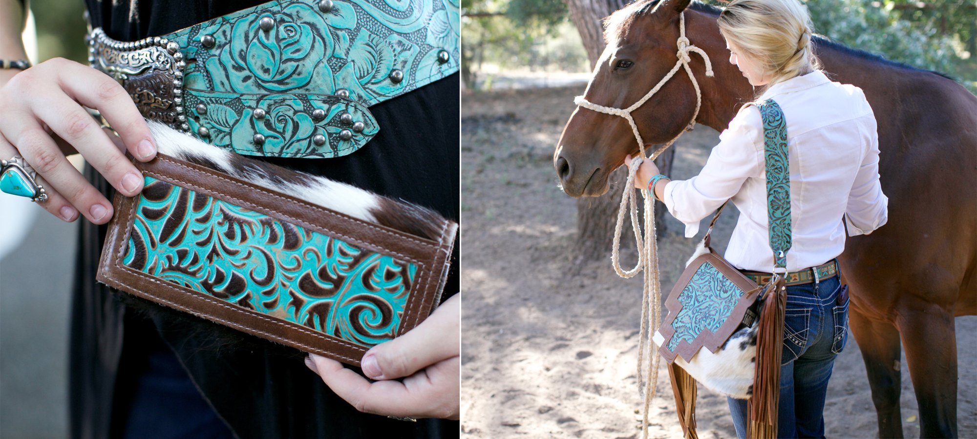 turquoise wallet and leather cowhide shoulder bag