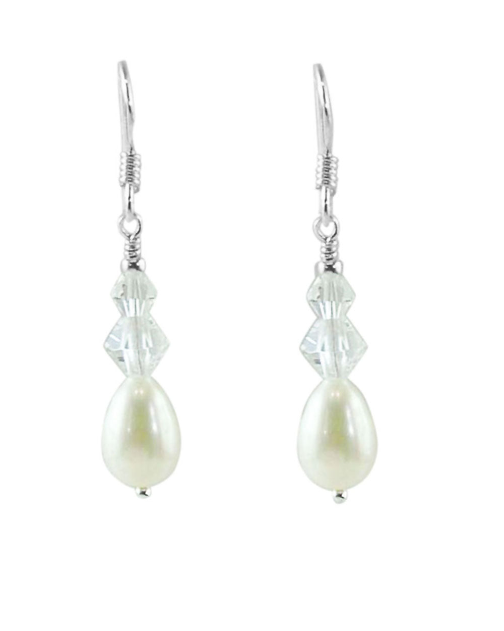 Double White Pearl and Crystals Drop Earrings Sterling Silver