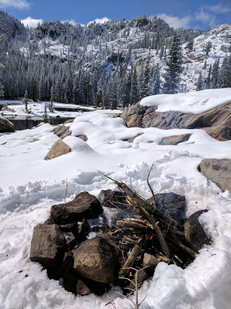 Blue Lake Idaho Boise National Forest hike fire campfire snow 